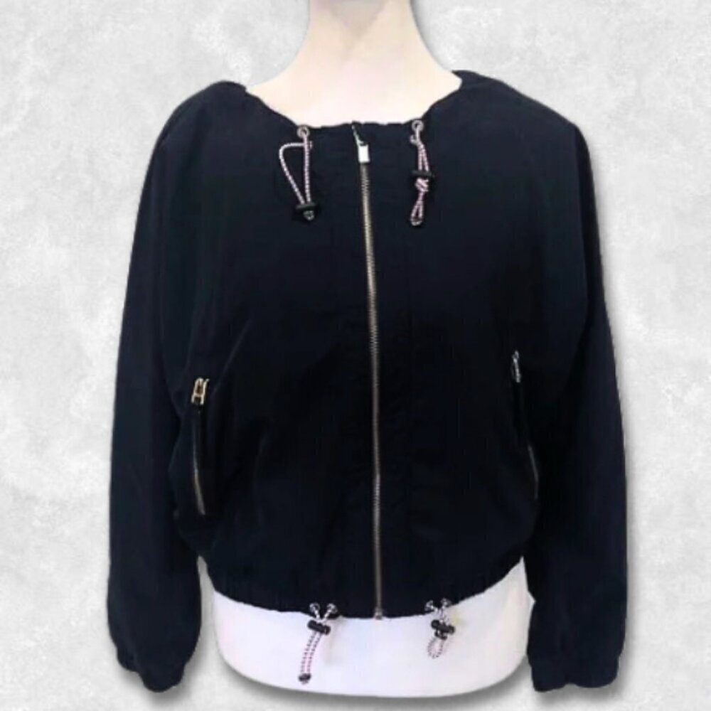 Athleta Chill Bomber Jacket Cropped Fully Lined Front Zip Drawstrings Navy Blue - Picture 2 of 15